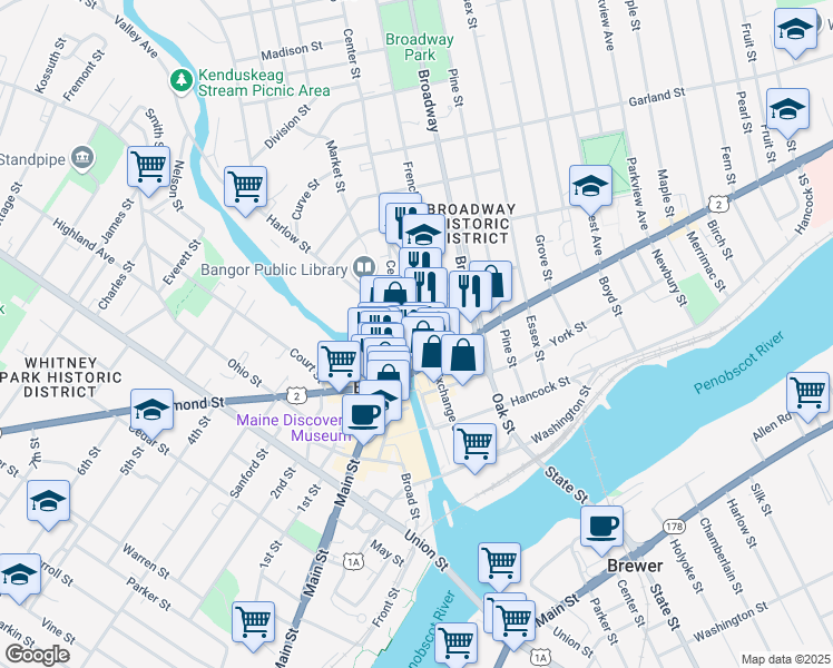 map of restaurants, bars, coffee shops, grocery stores, and more near 20 Park Street in Bangor