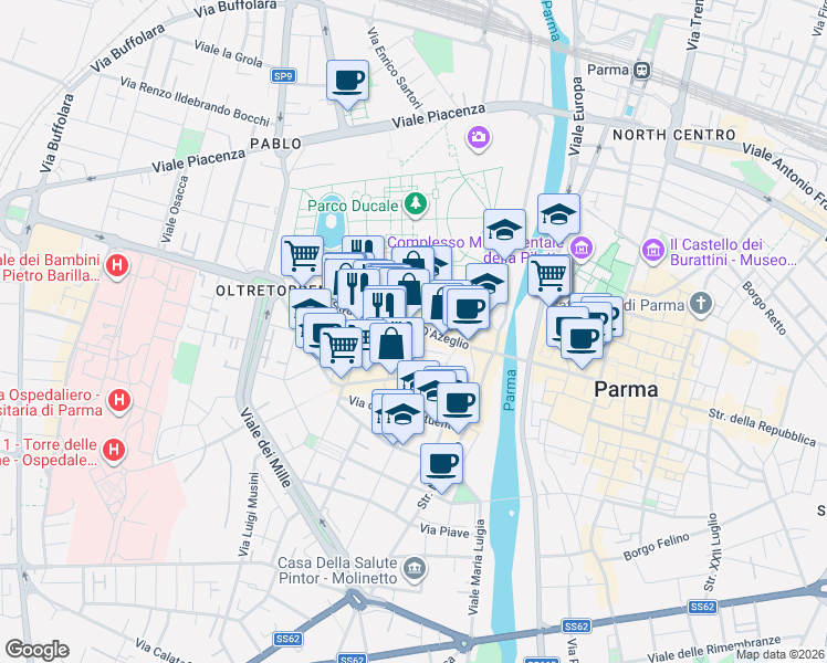 map of restaurants, bars, coffee shops, grocery stores, and more near 3 Vicolo Grossardi in Parma