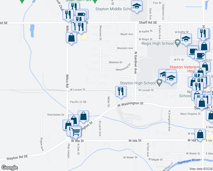 map of restaurants, bars, coffee shops, grocery stores, and more near 1420 Alyssa Court in Stayton