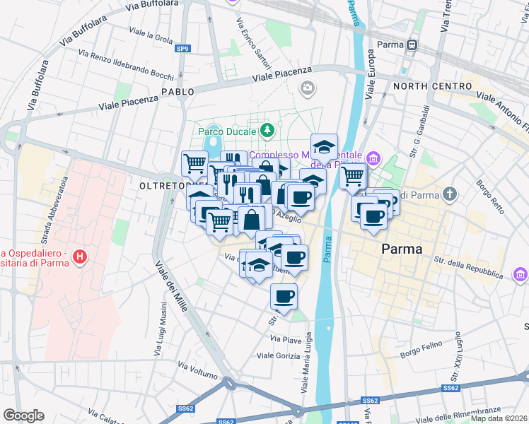 map of restaurants, bars, coffee shops, grocery stores, and more near 3 Vicolo Grossardi in Parma