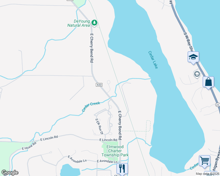map of restaurants, bars, coffee shops, grocery stores, and more near South Woodwinds Circle in Traverse City
