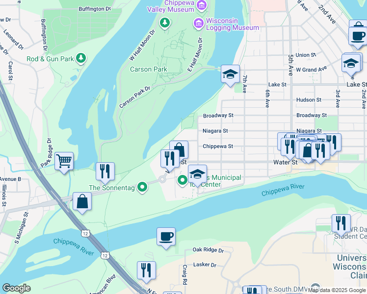 map of restaurants, bars, coffee shops, grocery stores, and more near 930 Lakeside Avenue in Eau Claire