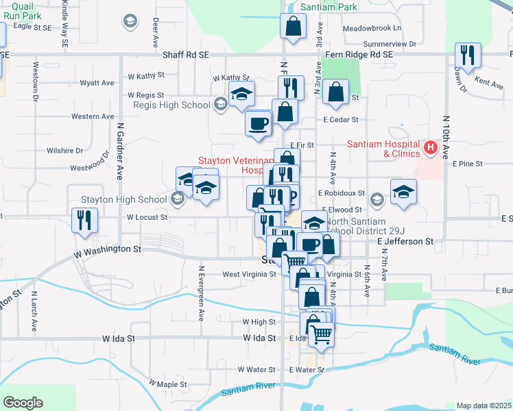 map of restaurants, bars, coffee shops, grocery stores, and more near 1115 Cherry Court in Stayton