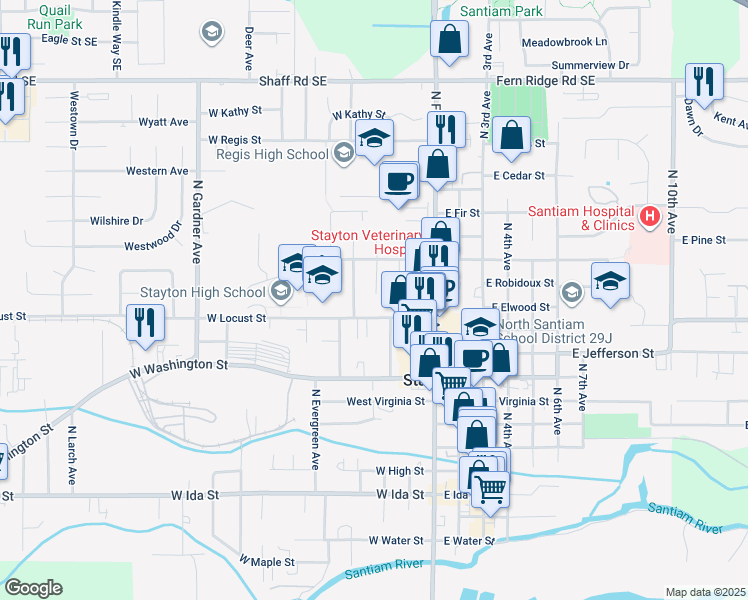map of restaurants, bars, coffee shops, grocery stores, and more near 1175 Cherry Court in Stayton