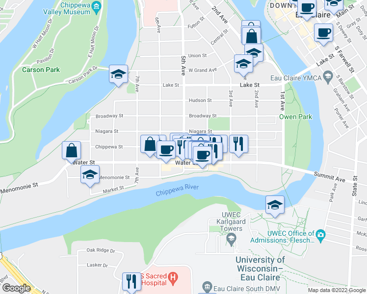 map of restaurants, bars, coffee shops, grocery stores, and more near 5th Ave & Chippewa St in Eau Claire