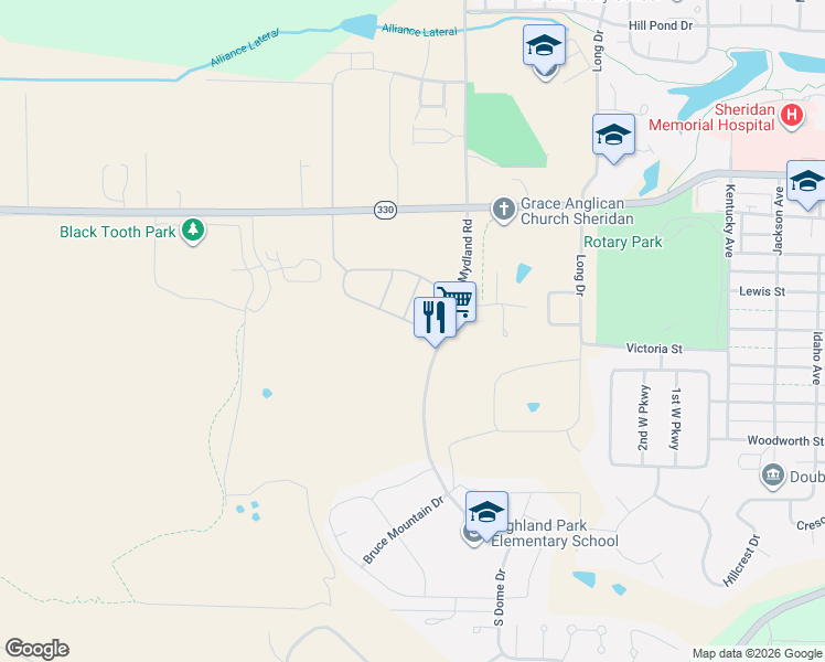 map of restaurants, bars, coffee shops, grocery stores, and more near 1905 Fairway Court in Sheridan