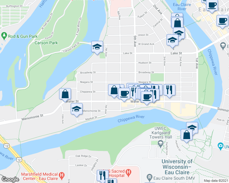 map of restaurants, bars, coffee shops, grocery stores, and more near 640 Chippewa St in Eau Claire