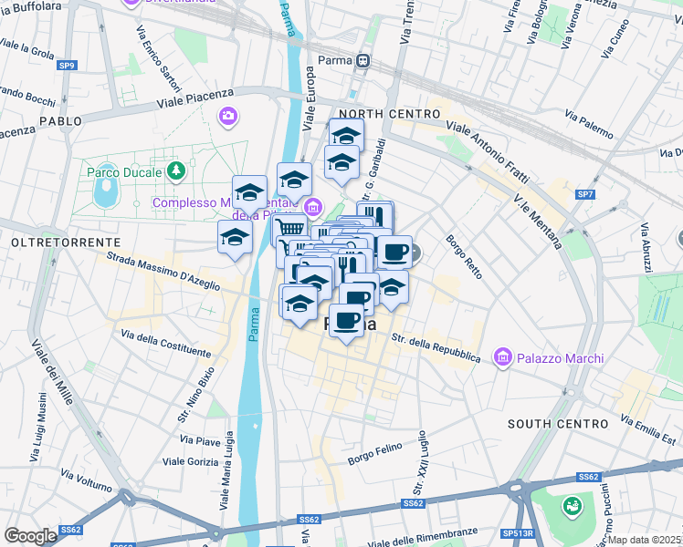 map of restaurants, bars, coffee shops, grocery stores, and more near 9 Strada Giuseppe Garibaldi in Parma