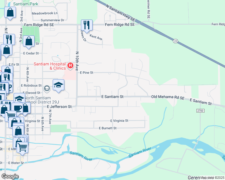 map of restaurants, bars, coffee shops, grocery stores, and more near 1485 East Santiam Street in Stayton