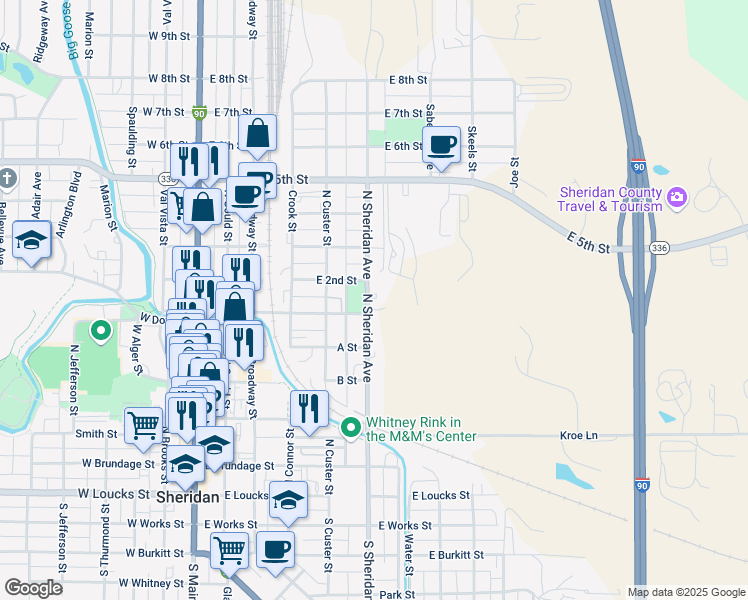 map of restaurants, bars, coffee shops, grocery stores, and more near 505 North Sheridan Avenue in Sheridan