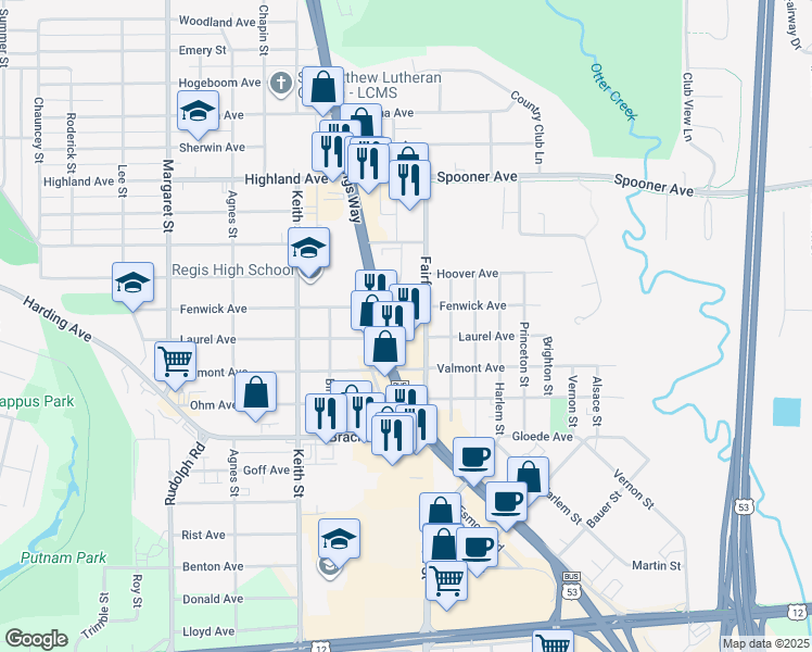 map of restaurants, bars, coffee shops, grocery stores, and more near 1419 South Hastings Way in Eau Claire
