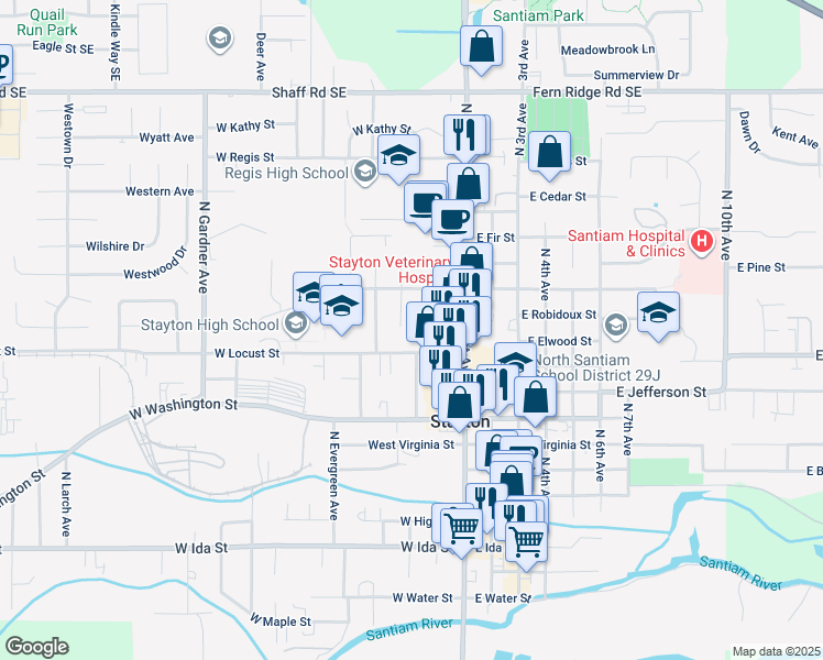map of restaurants, bars, coffee shops, grocery stores, and more near 1215-1217 Birch Court in Stayton