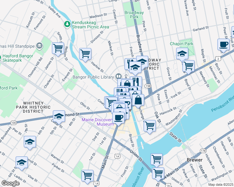 map of restaurants, bars, coffee shops, grocery stores, and more near 123 Franklin Street in Bangor