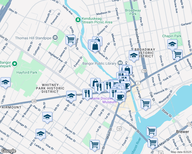 map of restaurants, bars, coffee shops, grocery stores, and more near 97 Court Street in Bangor