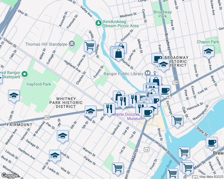 map of restaurants, bars, coffee shops, grocery stores, and more near 97 Court Street in Bangor