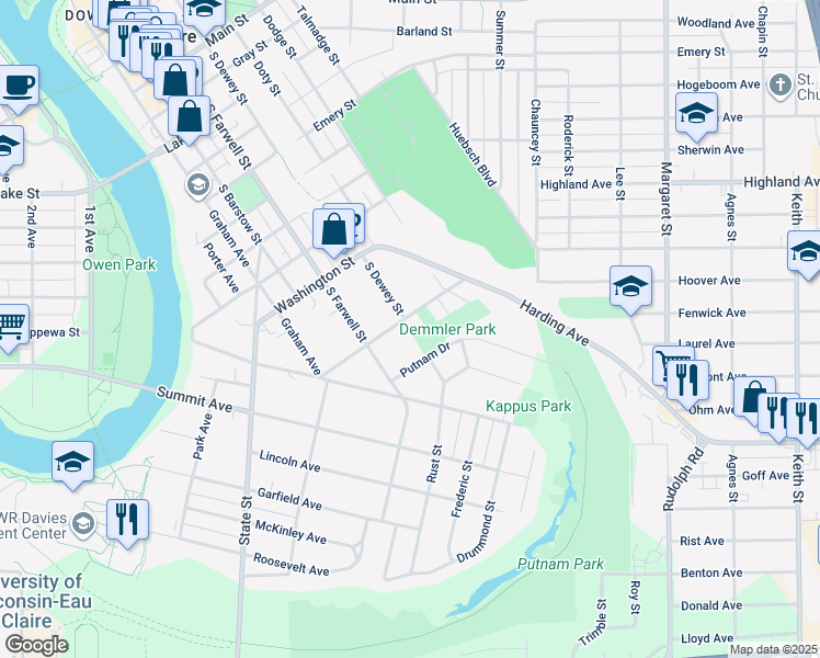 map of restaurants, bars, coffee shops, grocery stores, and more near 1308 Jefferson Court in Eau Claire