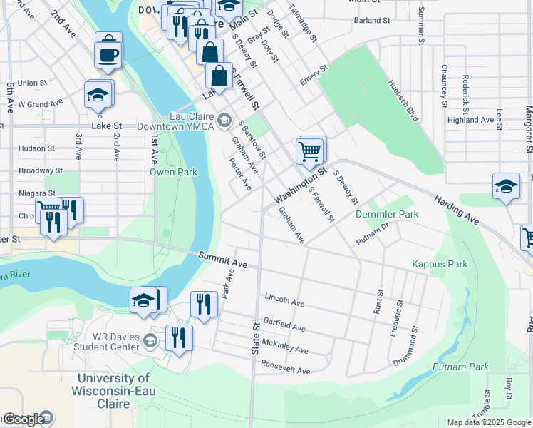 map of restaurants, bars, coffee shops, grocery stores, and more near 111 Washington Street in Eau Claire