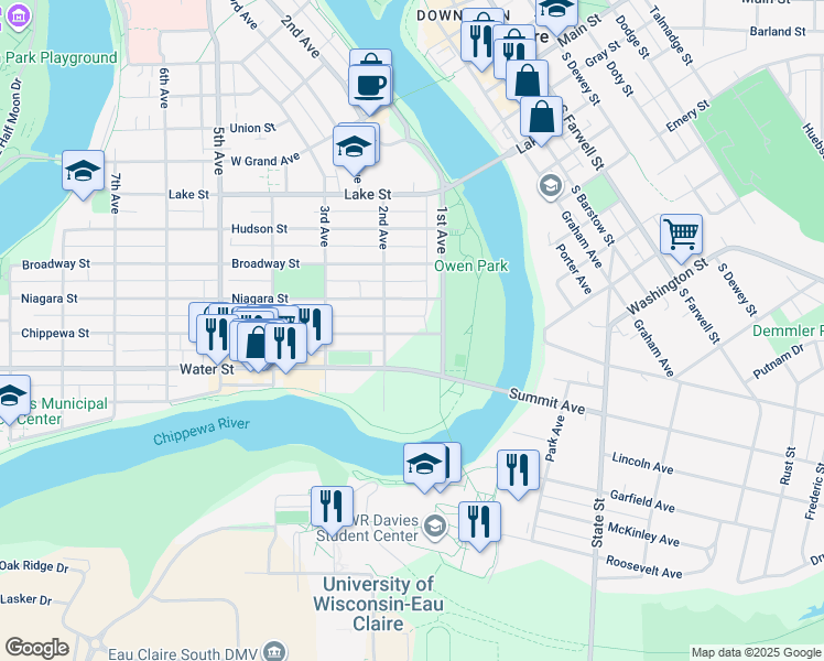 map of restaurants, bars, coffee shops, grocery stores, and more near 144 Chippewa Street in Eau Claire