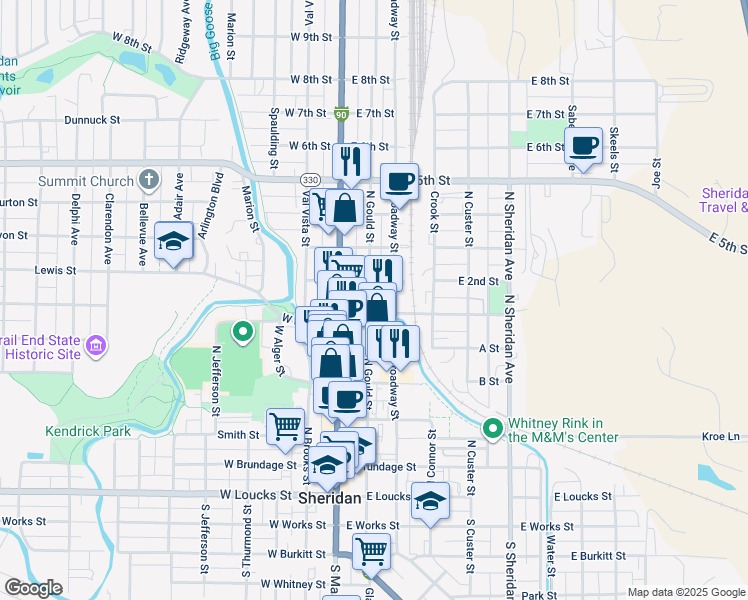 map of restaurants, bars, coffee shops, grocery stores, and more near 534-544 North Gould Street in Sheridan
