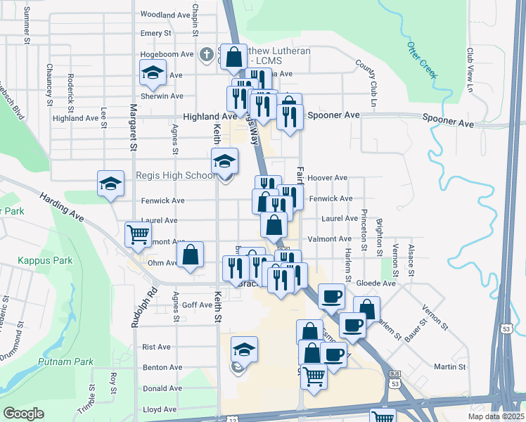 map of restaurants, bars, coffee shops, grocery stores, and more near 1419 South Hastings Way in Eau Claire