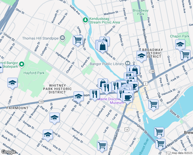 map of restaurants, bars, coffee shops, grocery stores, and more near 97 Court Street in Bangor