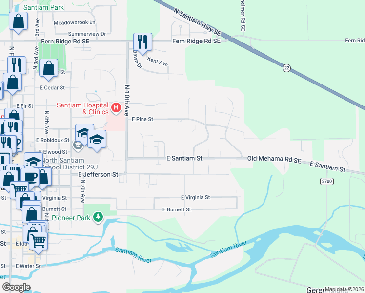 map of restaurants, bars, coffee shops, grocery stores, and more near 1485 East Santiam Street in Stayton
