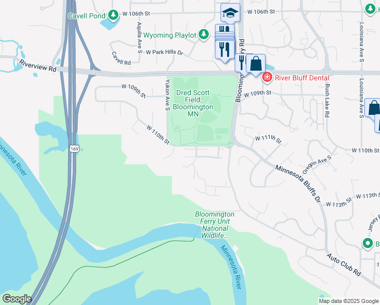 map of restaurants, bars, coffee shops, grocery stores, and more near 8000 West 110th Street in Bloomington