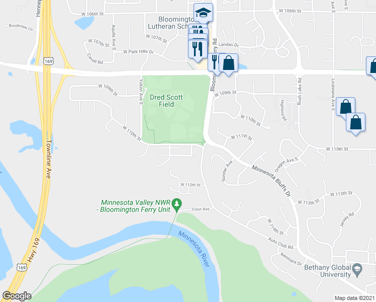 map of restaurants, bars, coffee shops, grocery stores, and more near 7822 West 111th Street in Minneapolis