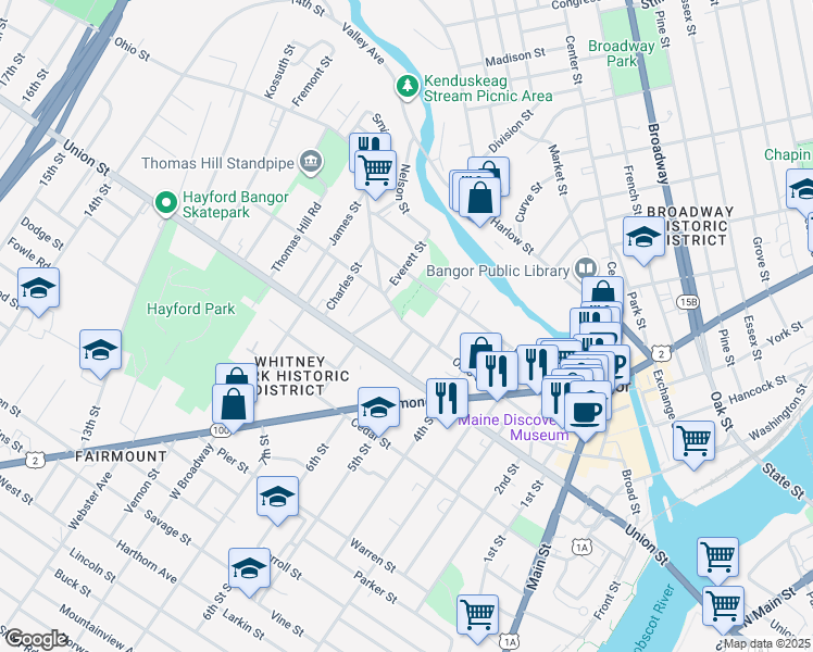 map of restaurants, bars, coffee shops, grocery stores, and more near 97 Ohio Street in Bangor