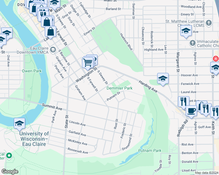 map of restaurants, bars, coffee shops, grocery stores, and more near 433 Jefferson Street in Eau Claire
