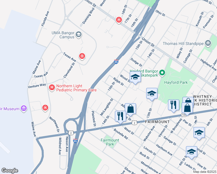 map of restaurants, bars, coffee shops, grocery stores, and more near 52 Fairfax Street in Bangor