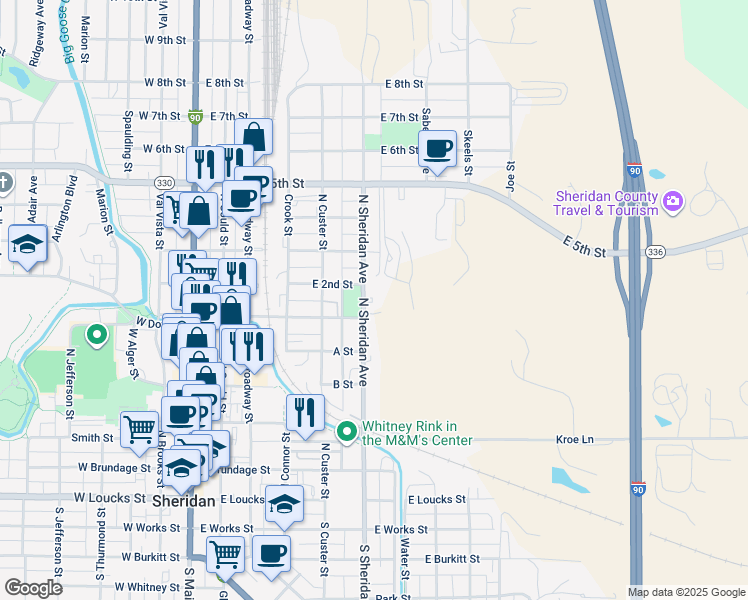 map of restaurants, bars, coffee shops, grocery stores, and more near 505 North Sheridan Avenue in Sheridan