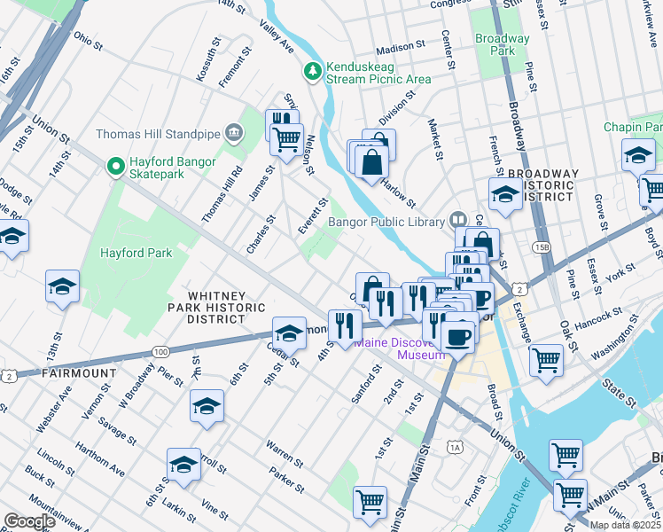 map of restaurants, bars, coffee shops, grocery stores, and more near 75 Ohio Street in Bangor