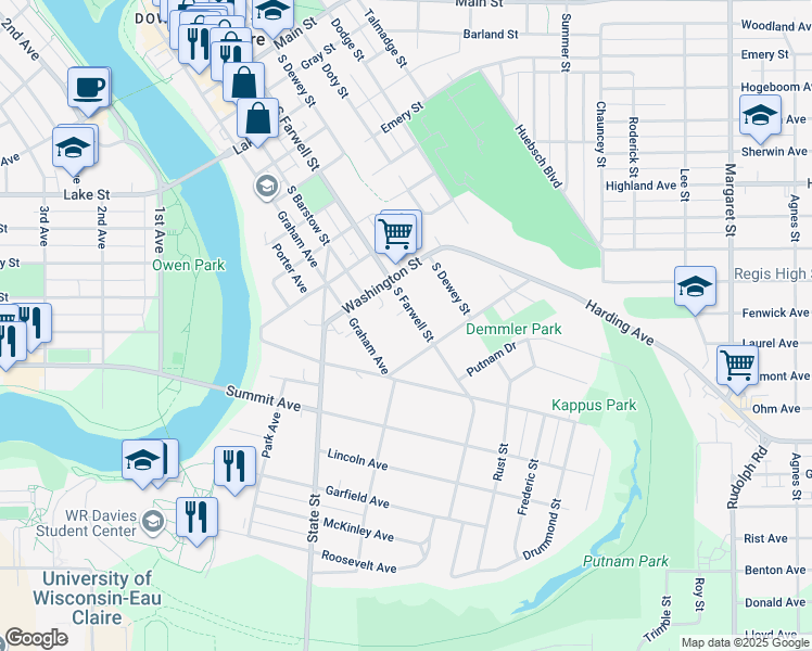 map of restaurants, bars, coffee shops, grocery stores, and more near 1237 South Farwell Street in Eau Claire