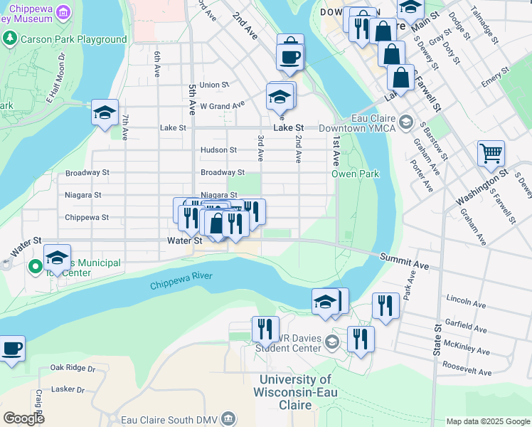 map of restaurants, bars, coffee shops, grocery stores, and more near 308 Chippewa Street in Eau Claire