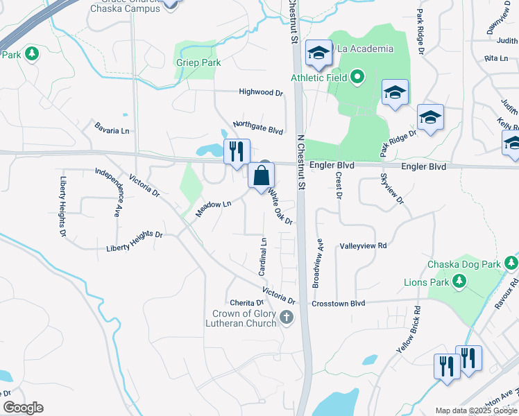 map of restaurants, bars, coffee shops, grocery stores, and more near 1480 Cardinal Cove in Chaska