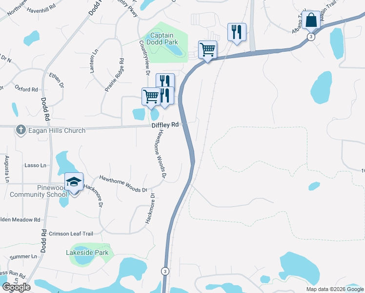 map of restaurants, bars, coffee shops, grocery stores, and more near 4255 Minnesota 3 in Eagan