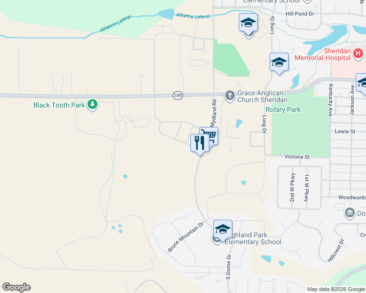 map of restaurants, bars, coffee shops, grocery stores, and more near 1905 Fairway Court in Sheridan