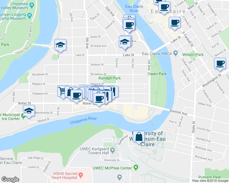 map of restaurants, bars, coffee shops, grocery stores, and more near 308 Chippewa Street in Eau Claire