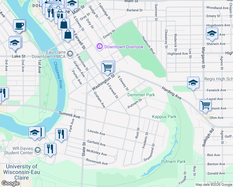 map of restaurants, bars, coffee shops, grocery stores, and more near 1245 South Farwell Street in Eau Claire