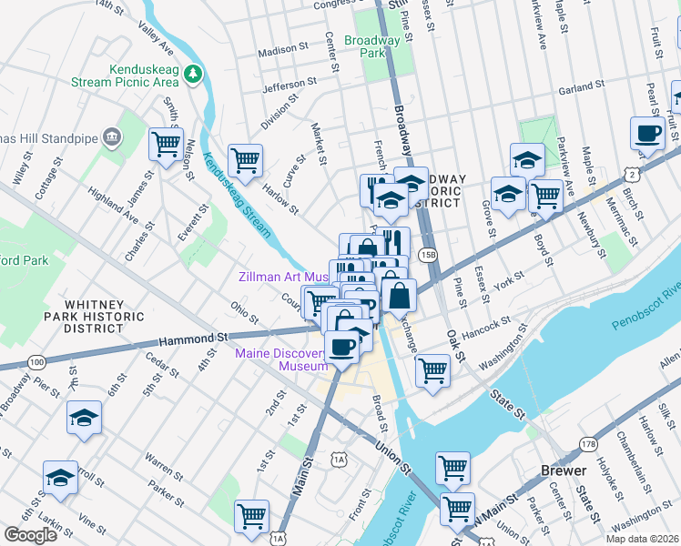 map of restaurants, bars, coffee shops, grocery stores, and more near 123 Franklin Street in Bangor