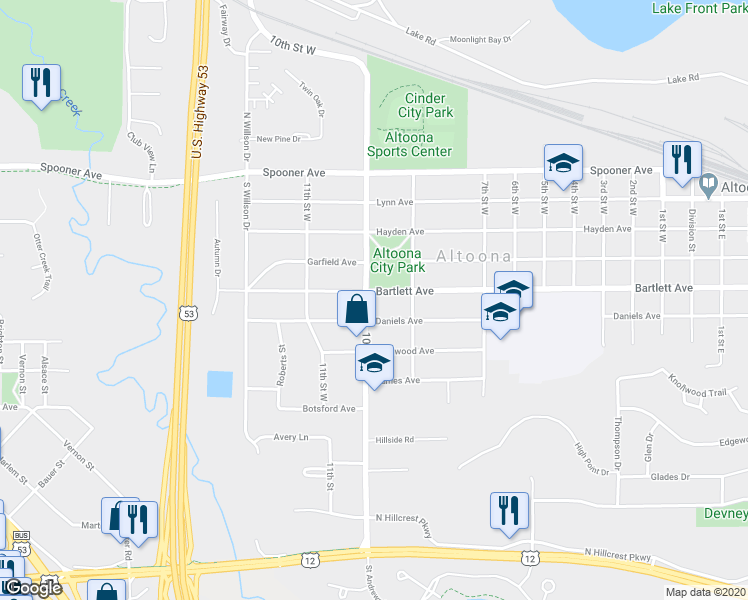 map of restaurants, bars, coffee shops, grocery stores, and more near 601 10th Street West in Altoona