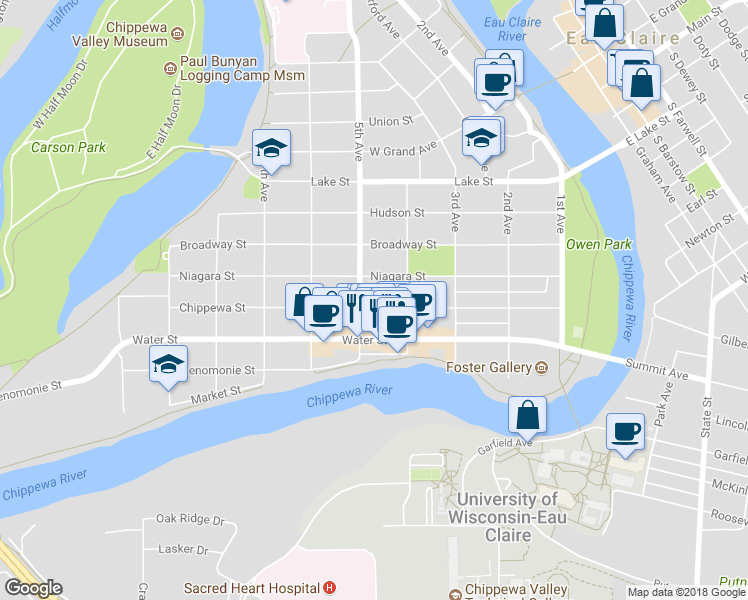map of restaurants, bars, coffee shops, grocery stores, and more near 430 Chippewa Street in Eau Claire
