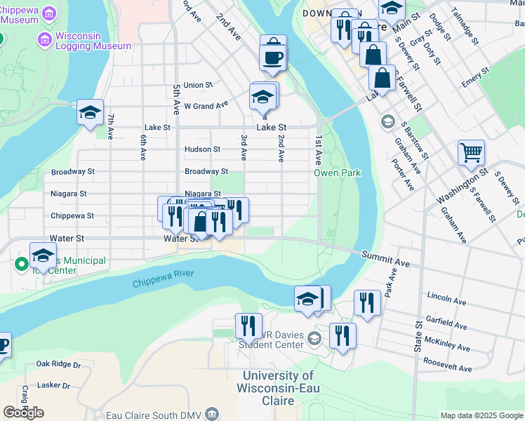 map of restaurants, bars, coffee shops, grocery stores, and more near 230 Chippewa Street in Eau Claire