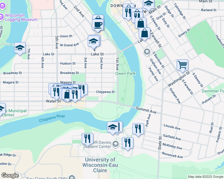 map of restaurants, bars, coffee shops, grocery stores, and more near 110 Chippewa Street in Eau Claire