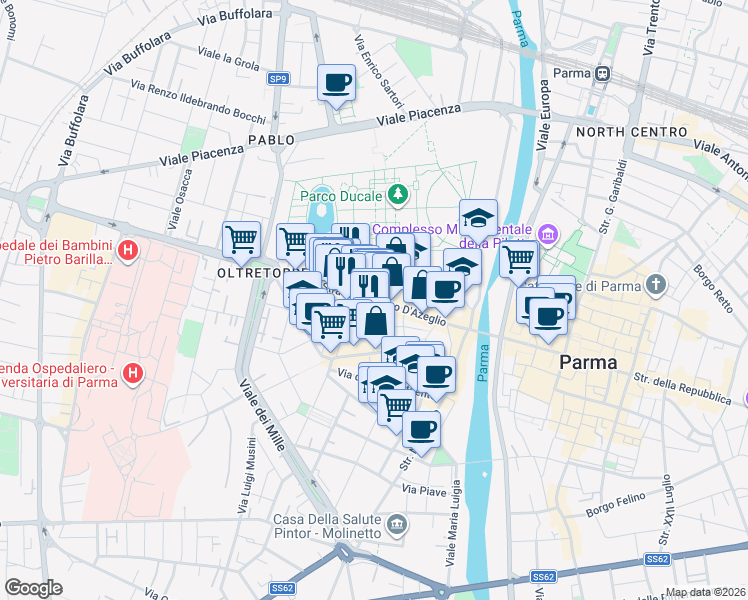 map of restaurants, bars, coffee shops, grocery stores, and more near 11 Strada Giovanni Inzani in Parma