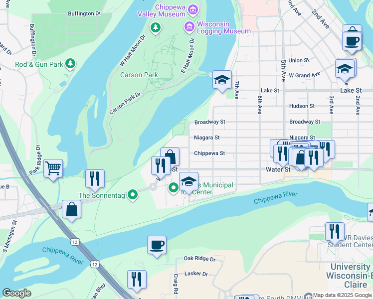 map of restaurants, bars, coffee shops, grocery stores, and more near 304 9th Avenue in Eau Claire