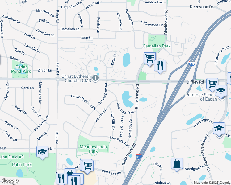 map of restaurants, bars, coffee shops, grocery stores, and more near 1883 Deer Hills Trail in Eagan