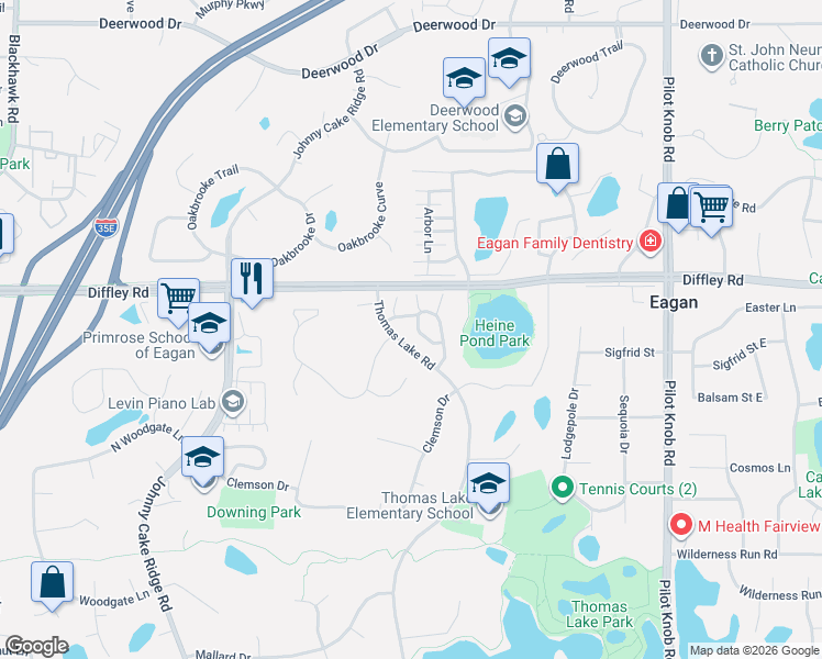 map of restaurants, bars, coffee shops, grocery stores, and more near 4242 Boulder Ridge Point in Eagan