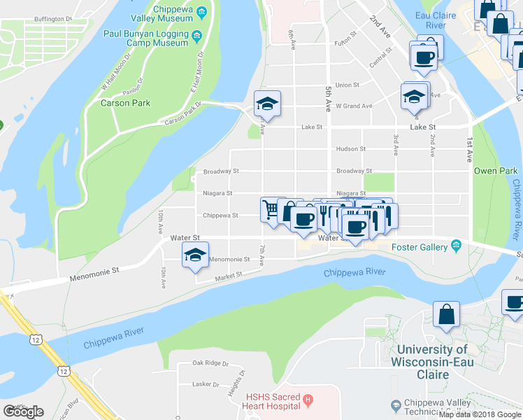 map of restaurants, bars, coffee shops, grocery stores, and more near 322 7th Avenue in Eau Claire
